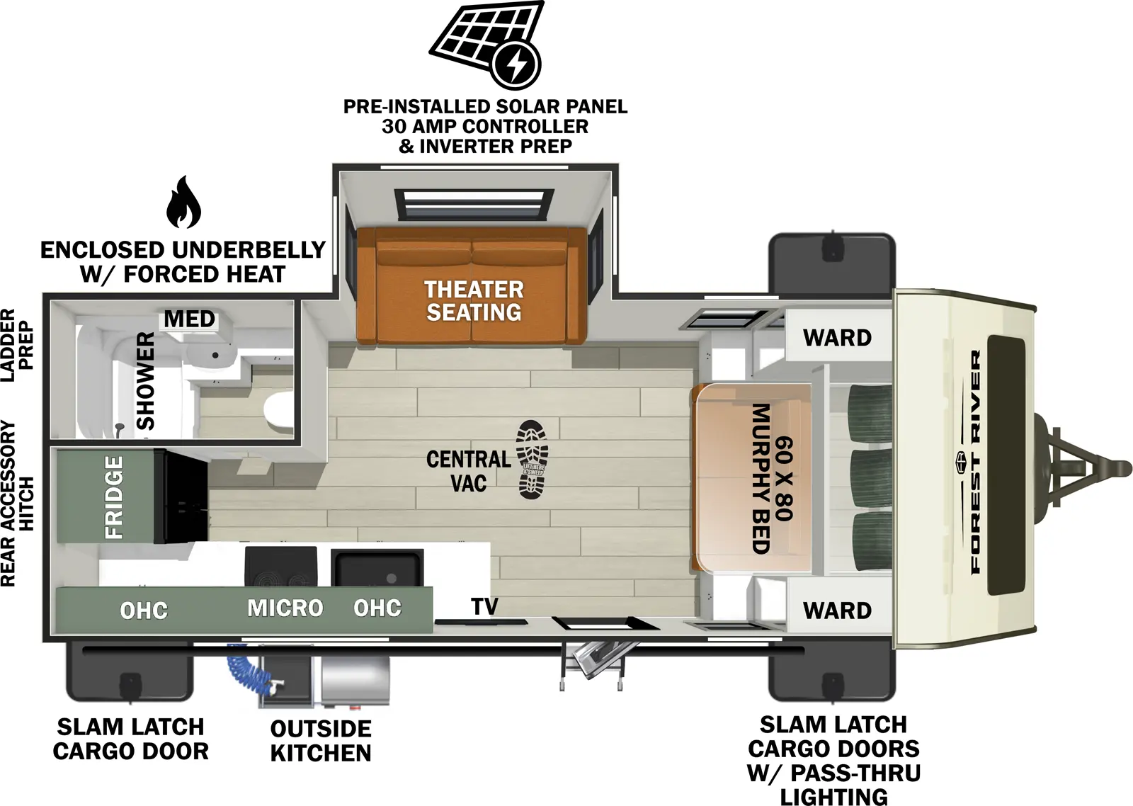 The No Boundaries NB20.1 floorplan has one entry and one slide out. Exterior features include: fiberglass exterior. Interiors features include: murphy bed.